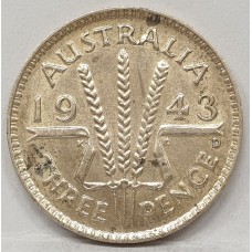 AUSTRALIA 1943D . THREEPENCE . aUNCIRCULATED